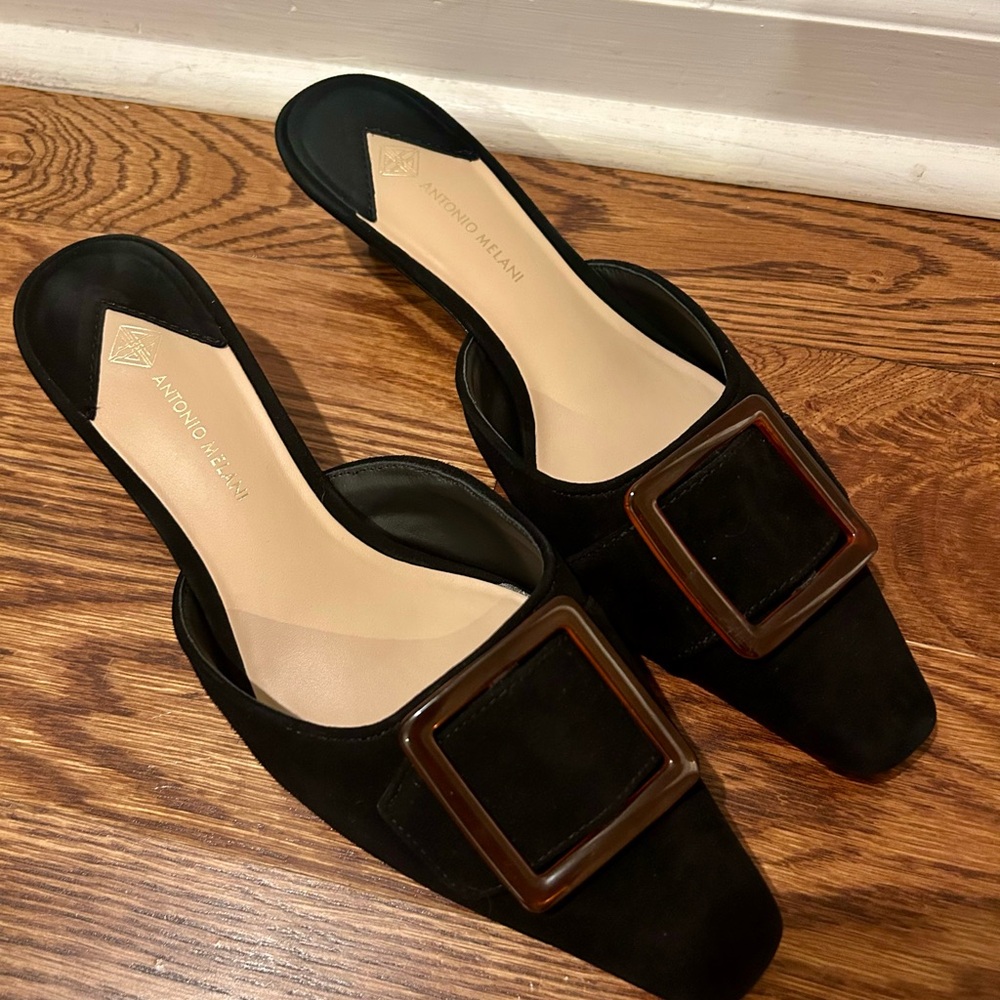 ANTONIO MELANI Black Mules with Tan Buckle